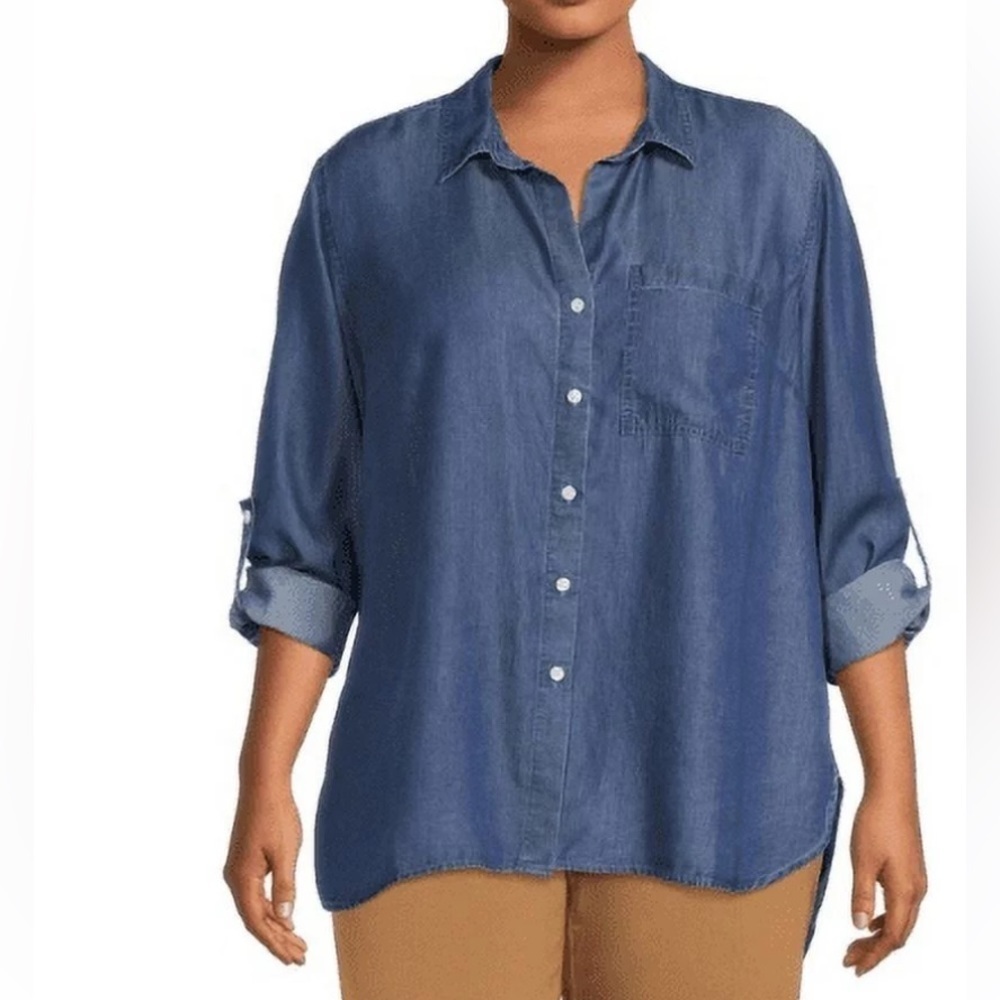 In Every Story Plus Sz 2X 100% Tencel/Lyocell Casual Button Up Roll Sleeve Shirt